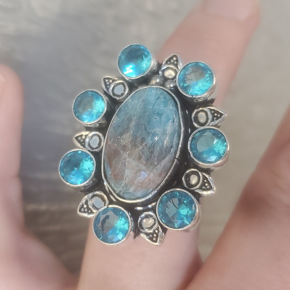 New Blue Apatite & Blue Topaz 925 Silver Statement Ring. - Picture 11 of 14